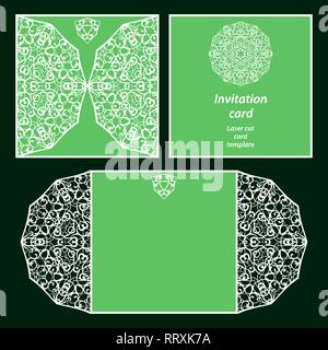 Wedding invitation or greeting card with classical ornament. Picture suitable for laser cutting or printing. Vector white pattern on a green backgroun Stock Vector