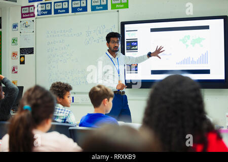 Male teacher at touch screen leading lesson in classroom Stock Photo