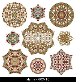 Set of nine abstract circular elements. Round colorful mandalas. Graphic template for your design. Decorative retro ornament. Vector illustration. Stock Vector