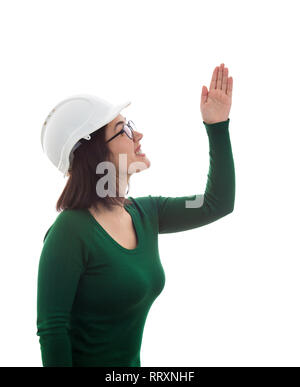 Side view of angry woman engineer raising hand up and scolding someone. Negative human emotion isolated over white. Frustrated manager explaining work Stock Photo