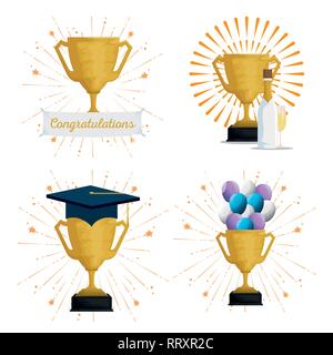 set graduation cap with balloons and champagne to event vector ...