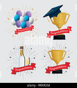 set graduation cap with balloons and champagne to event vector ...