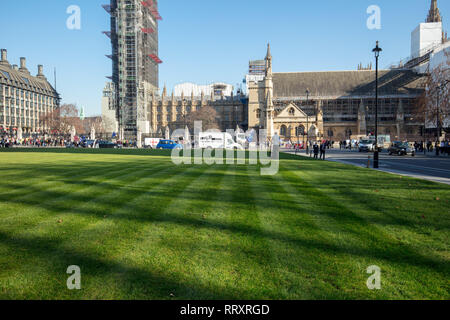 After renewing the lawn on Parliament Square, a subcontractor and landscaper cuts the lawn with a petrol lawn mower, creating an even surface of lawn. Stock Photo