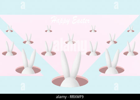 illustration of Easter Bunny pops out of the hole, image with the inscription Happy Easter on pastel pink and blue background. Stock Photo