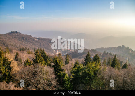 View on Como hills from the Faro Voltiano (Volta Lighthouse) in Brunate, Como. near Milan Stock Photo