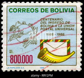 Postage stamp from Bolivia in the Membership of Bolivia in the Universal Postal Union series issued in 1986 Stock Photo