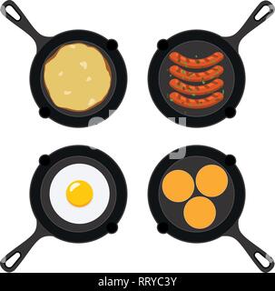 vector set of pans with small pancakes, fried egg, omelet and grilled sausages. collection of breakfast, dinner and supper flat icons isolated on whit Stock Vector