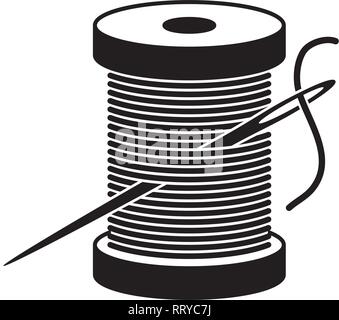 vector black and white spool icon with sewing needle and thread isolated on white background. needlework craft symbols. spool and needle sewing illust Stock Vector