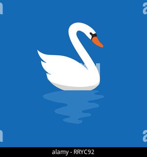 vector white swan on blue water. nature illustration of lake, river or pond with swan bird symbol Stock Vector