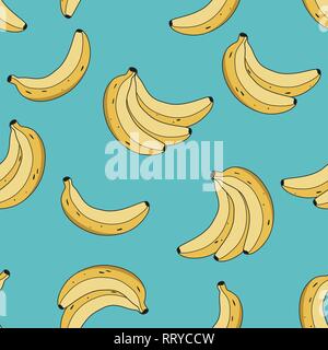 vector seamless pattern with yellow bananas on blue background. food illustration of fresh tropical banana fruits for seamless summer patterns Stock Vector