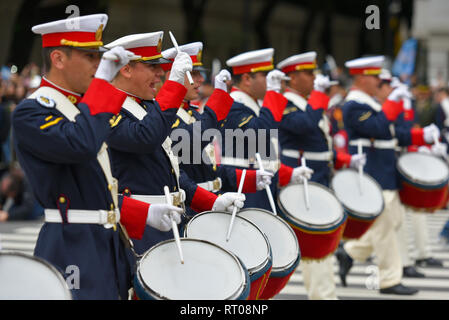 Buenos Aires, Argentina - Jul 11, 2016: Members of the Argentine military band perform at the parade during celebrations of the bicentennial anniversa Stock Photo