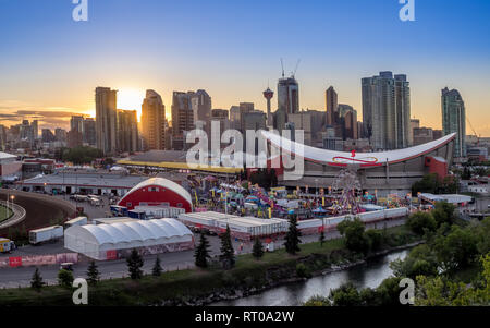 Panoramic view of the the Calgary Stampede at sunset in Calgary, Alberta. The Calgary Stampede is often called the greatest outdoor show on earth. Stock Photo