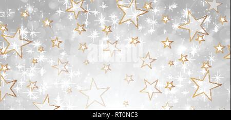 Grey and gold deluxe sparkling background with stars. Vector celebration art graphic design
