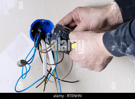 The electrician technician at work sticks the cable between the clamps of a socket in a residential electrical installation Stock Photo