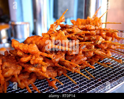 Close up photo of assorted chicken and pork innards barbecue sold at street food carts Stock Photo