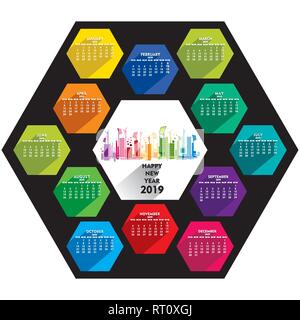 colorful hexagonal shape new year calender 2019 design, colorful city concept Stock Vector