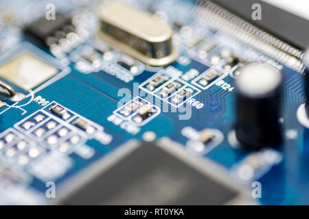 microchips and circuits on a board Stock Photo