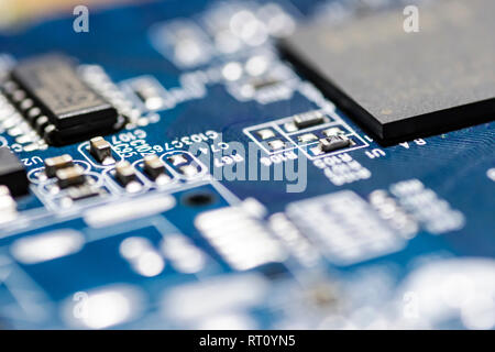 microchips and circuits on a board Stock Photo