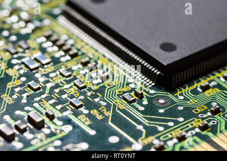 microchips and circuits on a board Stock Photo