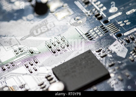 microchips and circuits on a board Stock Photo