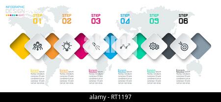 Square label infographic with 6 steps. Stock Vector