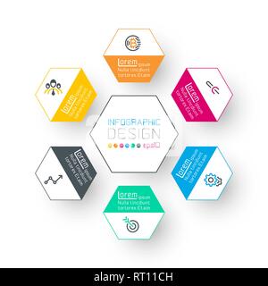 Business hexagon labels shape infographic on circle. Stock Vector