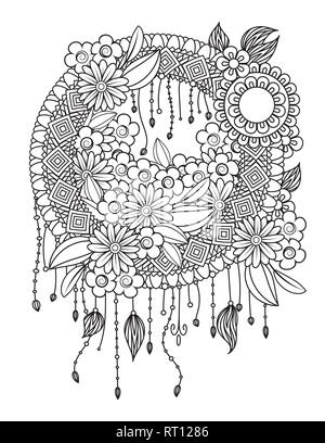 Adult coloring page with dreamcatcher with feathers and flowers. Native American Indian talisman. Black and white doodle ornament. Isolated on white background. Stock Vector