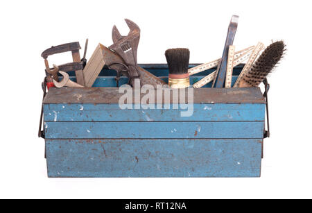 Old toolbox filled with vintage tools, isolated Stock Photo