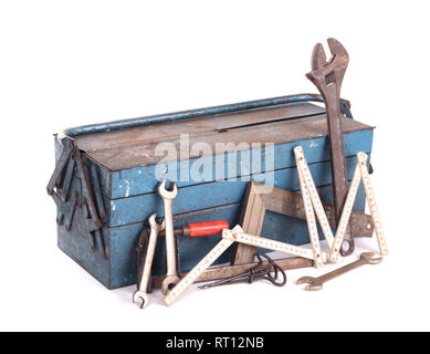 Old toolbox filled with vintage tools, isolated Stock Photo