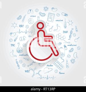 Disabled icon in trendy style isolated on handdrawn healthcare doodles background. Disabled icon page symbol for your web site design Disabled icon Stock Vector