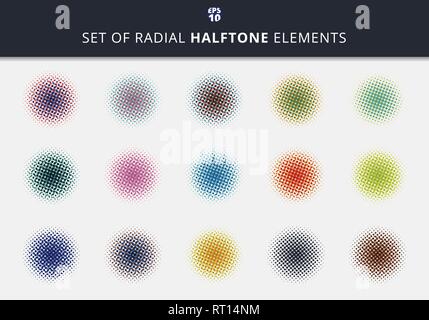 Set of abstract dots halftone circles radial elements on white background. You can use for label, tag, icon, etc. Vector illustration Stock Vector