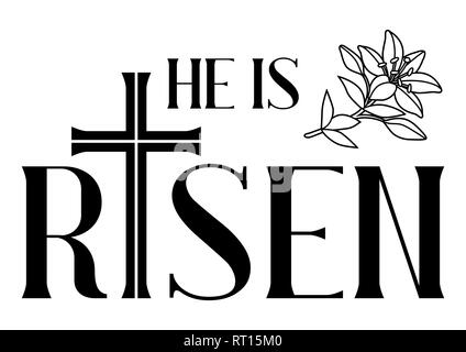 He is risen. Happy Easter greeting card. Cross and lilies. Stock Vector
