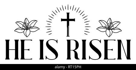 He is risen. Happy Easter greeting card. Cross and lilies. Stock Vector