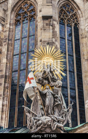 Vienna, Austria - December 30, 2017. Johannes Capistrano exterior pulpit at Stephansdom. Decorative details of gothic St. Stephen's Cathedral facade w Stock Photo