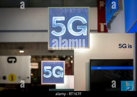 Barcelona, Spain. 26th Feb 2019. February 26, 2019 - Barcelona, Catalonia, Spain -  5G signs during the  GSMA Mobile World Congress 2019 in Barcelona, the world's most important event on mobile devices communications bringing together the leading companies and the latest developments in the sector. Credit:  Jordi Boixareu/Alamy Live News Stock Photo