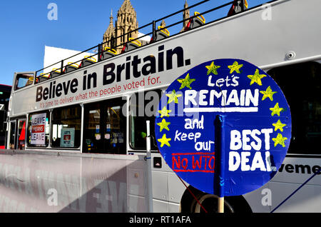 London, 27th Feb. Rival 'Pies not Lies' (anti-Brexit) and 'Leave means Leave (Pro-) demonstrators meet outside Parliament in Westminster. Credit: PjrNews Stock Photo