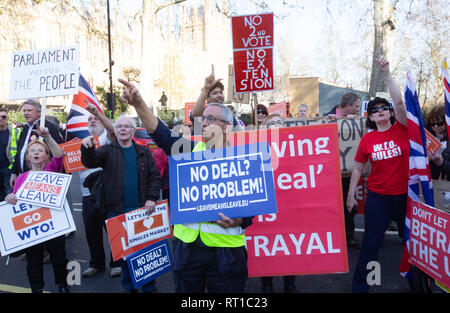 London, UK. 27th Feb, 2019. Leave  supporters demonstrate at Westminster. They want to leave the European Union on March 29th or at a later date. Credit: Tommy London/Alamy Live News Stock Photo