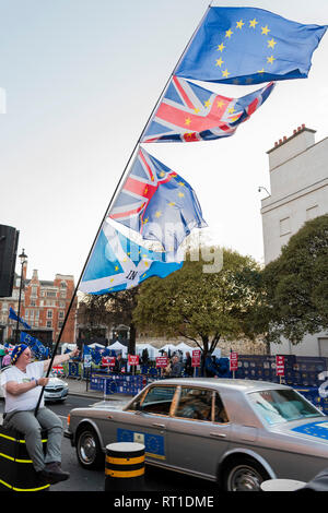 London, UK. 27th February, 2019. SODEM, pro EU, protestors continue to make their point outside Parliament as the next vote on Theresa May's plan is due this evening. There are no Leave means leave protestors in their normal oposing positions. Credit: Guy Bell/Alamy Live News Stock Photo