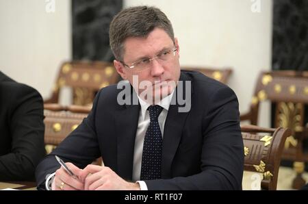 Moscow, Russia. 27th Feb, 2019. Russian Energy Minister Alexander Novak during a meeting chaired by President Vladimir Putin at the Kremlin February 27, 2019 in Moscow, Russia. Credit: Planetpix/Alamy Live News Stock Photo