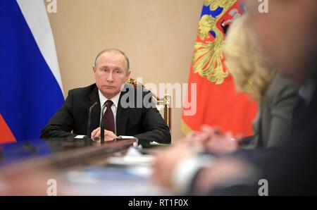 Moscow, Russia. 27th Feb, 2019. Russian President Vladimir Putin chairs a meeting with senior members of the government at the Kremlin February 27, 2019 in Moscow, Russia. Credit: Planetpix/Alamy Live News Stock Photo