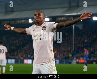 London, UK. 27th Feb, 2019. Manchester United's Ashley Young celebrates scoring his sides third goal during English Premier League between Crystal Palace and Manchester United at Selhurst Park stadium, London, England on 27 Feb 2019. Credit: Action Foto Sport/Alamy Live News Stock Photo