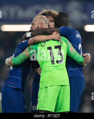 London, UK. 27th Feb, 2019. Chelsea's players celebrate after the Premier League match between Chelsea and Tottenham Hotspur at Stamford Bridge Stadium in London, Britain on Feb. 27, 2019. Chelsea won 2-0.  Editorial use only, license required for commercial use. No use in betting, games or a single club/league/player publications.’  Credit: Han Yan/Xinhua/Alamy Live News Stock Photo