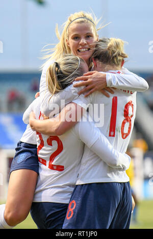 Rachel Daly Beth Mead and Ellen White of England womens football 2019 world cup friendly -  celebrate the game winning goal in the SheBelieves Cup featuring the England women's national football team versus the Brazil women's national football team. Professional women footballers on the pitch. Credit: Don Mennig/Alamy Live News Stock Photo
