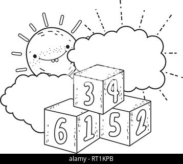 blocks numbers toys with sun kawaii Stock Vector