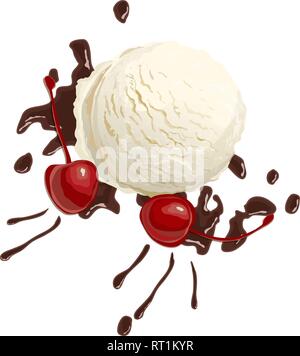 Vanilla ice cream with chocolate sauce and cherries white background, top view Stock Vector