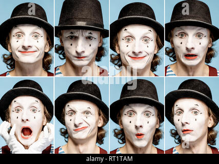 Photo collage of different human emotions made by pantomime with painted face on the blue background Stock Photo