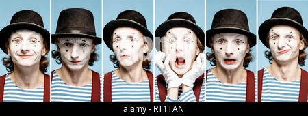 Photo collage of different human emotions made by pantomime with painted face on the blue background Stock Photo