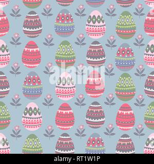 Easter seamless pattern with cartoon flat cute eggs and doodle flowers. Endless ornament for holiday design. Vector illustration Stock Vector