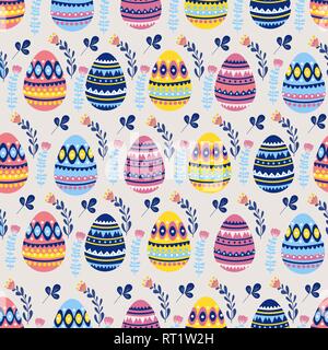Easter seamless pattern with cartoon flat cute eggs and doodle flowers. Endless texture for holiday design. Vector illustration Stock Vector