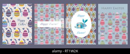 Happy Easter. Set of templates for cards and flyers with cartoon flat cute easter eggs pattern. Vector illustration Stock Vector